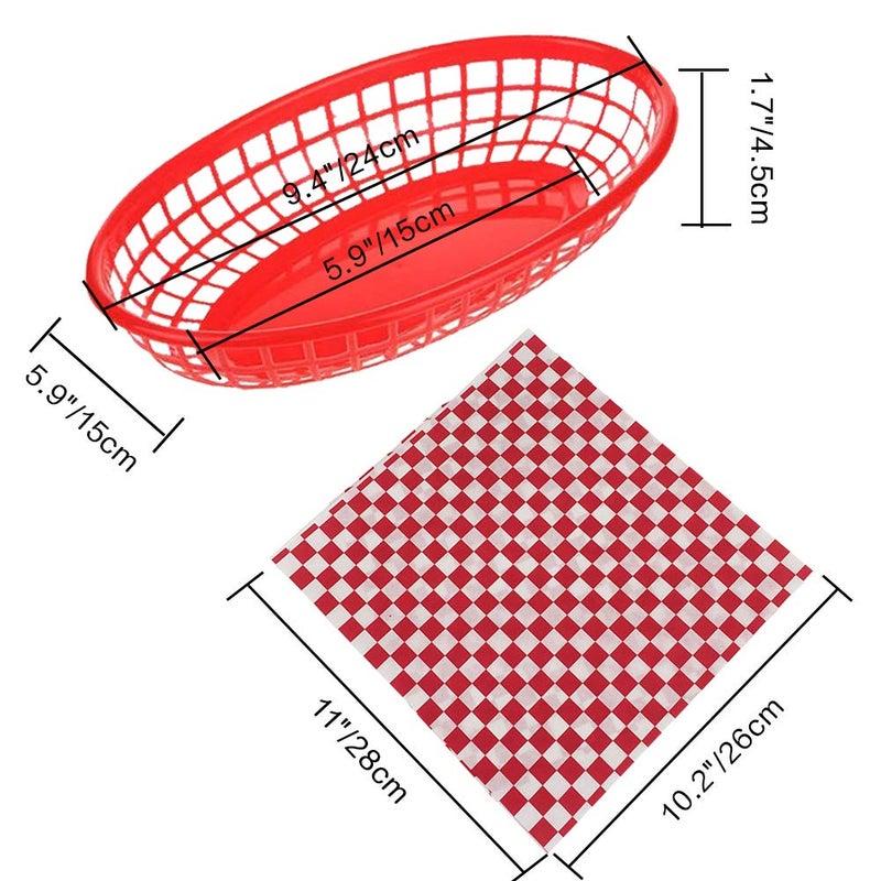 FEOOWV Retro Style Fast Food Basket (12Pk) and Checkered Deli Liner (100 Pk) Combo. Fast Food Basket Are Dishwasher Safe. Disposable Deli Paper Squares for Easy Cleanup (Red) - Image 2